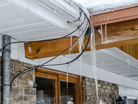 Ice and snow buildup on roof eaves