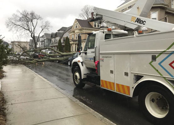 tree down across road with National Grid truck in the foreground.