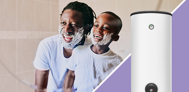 Father and son laughing with shaving cream on their faces and a water heater on the side