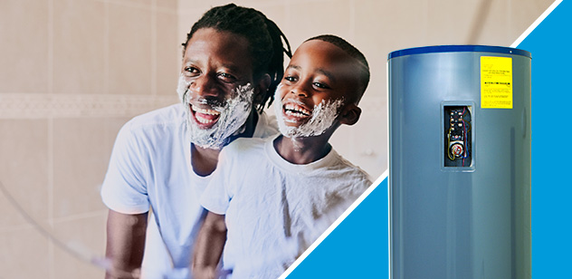 Man and child laughing with shaving cream on their faces and a water heater appears on the right.