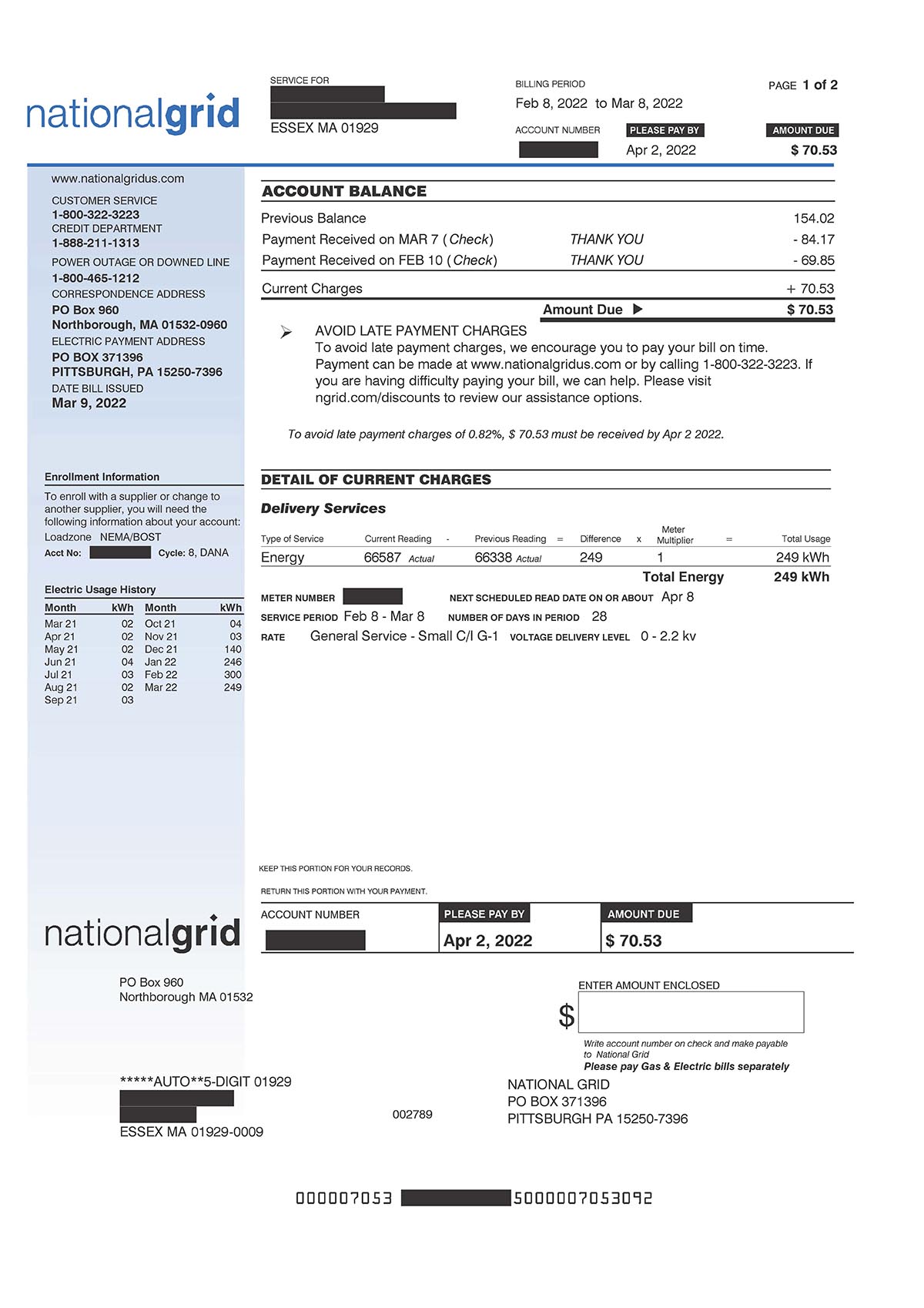 MA Electric Residential Sample Bill Page 1