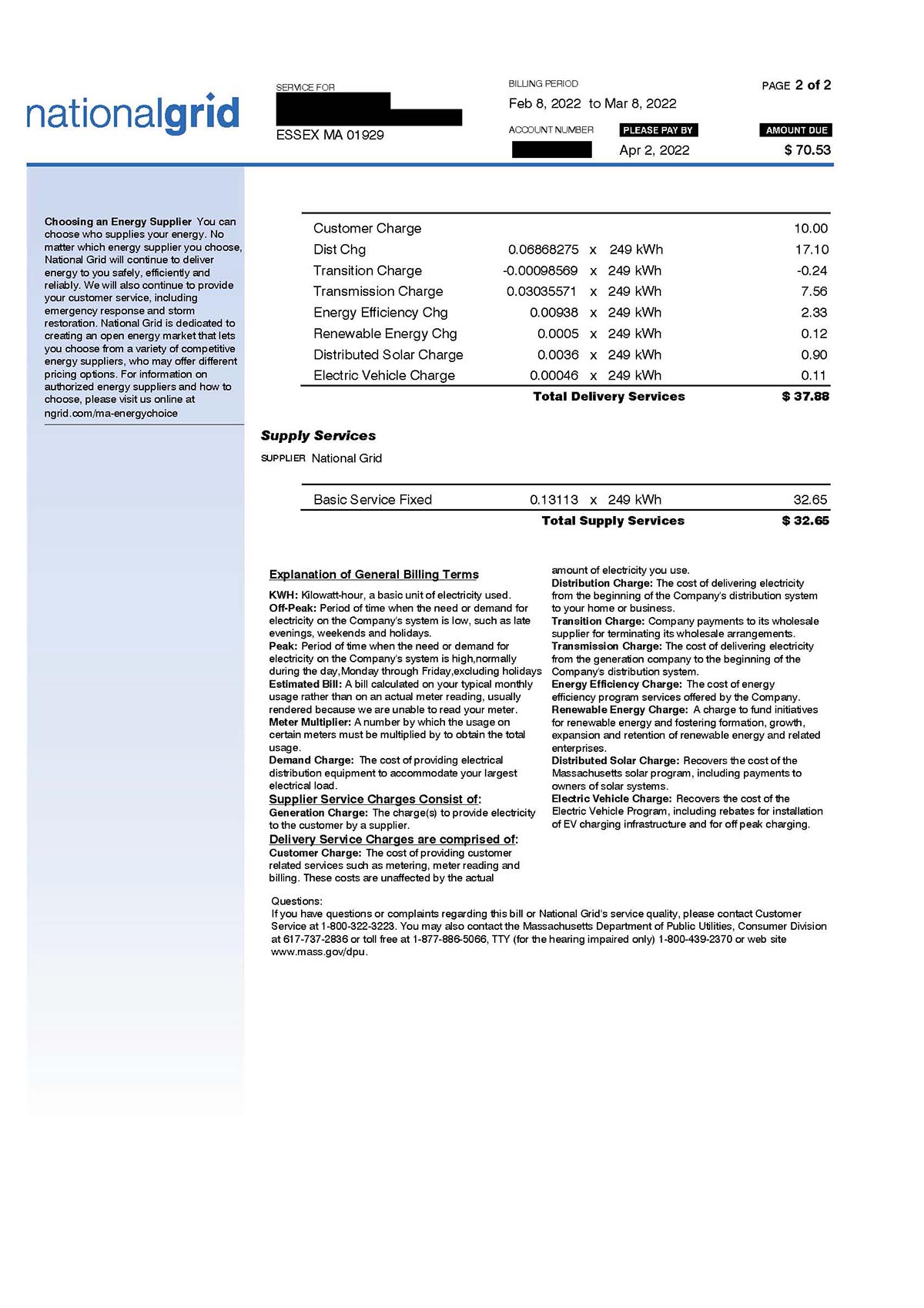 MA Electric Residential Sample Bill Page 2