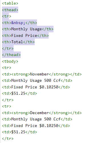 Regular table header code