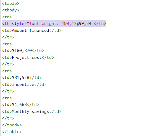 Regular table with no heading code